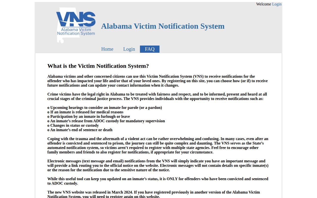 Winston County 72-hour release Alabama VNS notification-event limits