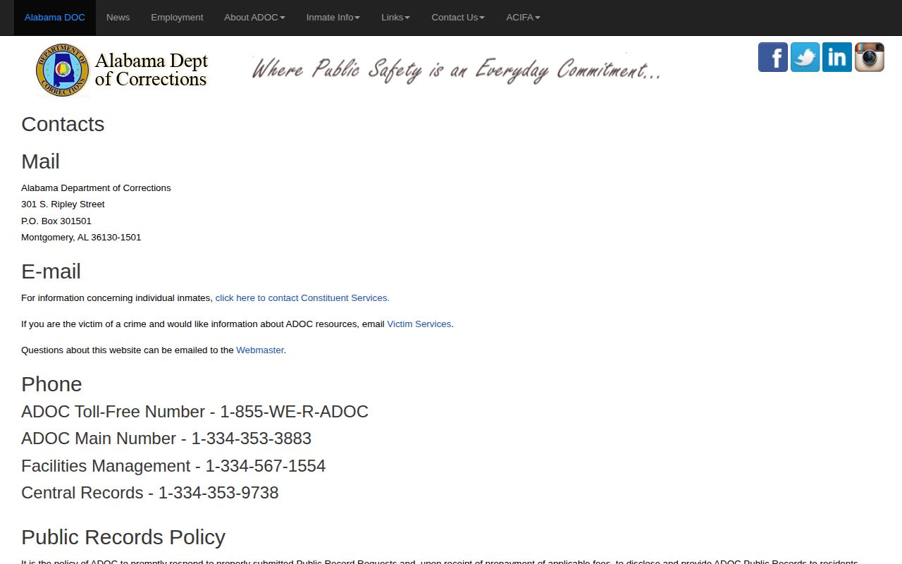 ADOC records contact for Winston County Jail transfers and release records