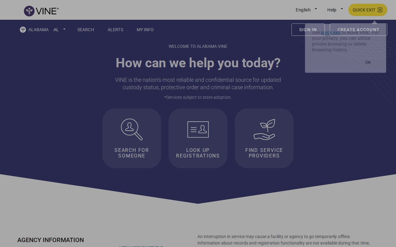 Winston County VINELink inmate search Alabama landing page